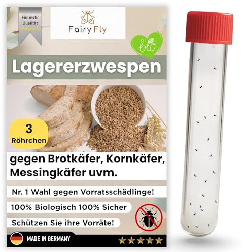 Lagererzwespen gegen Brotkäfer, Kornkäfer & Messingkäfer – 3 Röhrchen à 40 Nützlinge – Biologische Alternative zur Brotkäfer Falle – 100% chemiefrei – Made in Germany