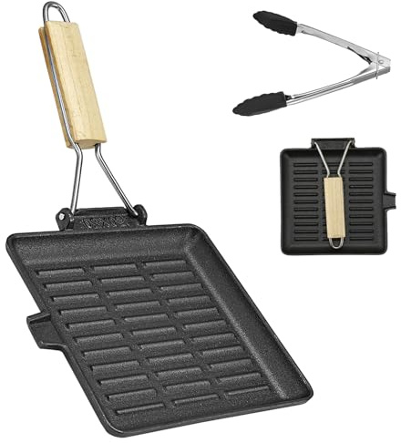 AWAOVV Steakpanna gjutjärn, 20 x 20 cm grillpanna med fällbart trähandtag och livsmedelsklämmor, vikbart handtag gjutjärnspanna, non-stick-belagd grillplatta induktion fiskpanna kantig panna
