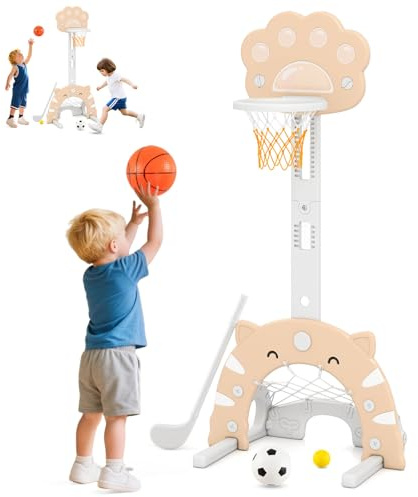DREAMADE Panier de Basket pour Enfants, 3-en-1 Cercle de Basket Enfant Réglable en Hauteur & Amovable avec Jeux de Football et Golf, Centre de Sport pour 3 Ans+ (Orange Clair)