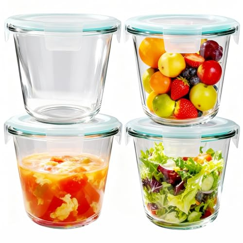 FoiiLiio 4er Set Runde Glasbehälter Mit Deckel,700ml Meal Prep Gläser,Glas Suppe Behälter,Glas Frischhaltedosen,Suppenbehälter Mit Luftdichten Deckeln,Rund Glas Lebensmittelbehälter,Mikrowellen