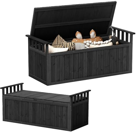 GOPLUS 209 L Coffre de Jardin Exterieur en Bois Sapin, Coffre de Rangement Exterieur avec Accoudoirs, Couvercle Rabattable et Rangement Caché, Charge 100 KG,Terrasse (Noir,128 x 58 x 53 CM|209L)