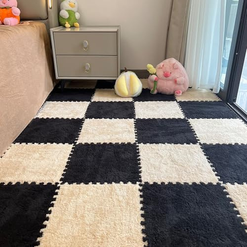 PULaif Tappeto per Gattonare in Peluche, Confezione da 12 Piastrelle in Schiuma ad Incastro for Moquette 30x30x1 cm Multicolore(Apricot+Black)