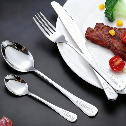 Personalised Engraved Cutlery, Stainless Steel Cutlery Set, Custom Cutlerys for Adults, Fork, Knife, Spoon and Coffee Spoon, Tableware Set with Gift Box for Friends, Parents, Lovers (Silver)
