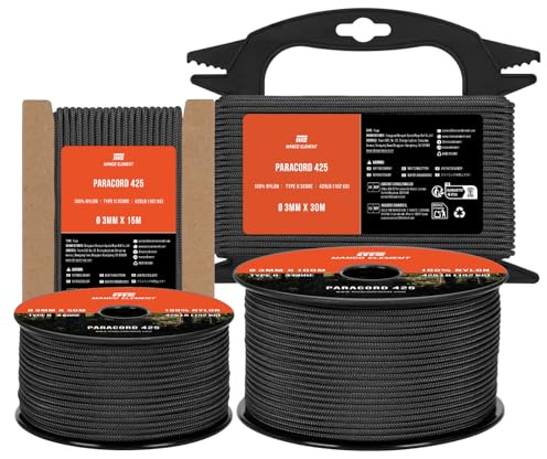 Manco Element Paracord 3mm 425 15m Nylonschnur Typ II Seil 3 Kern | Schwarz, 100% Nylon, 192kg (425lbs) Tragfähigkeit, Ideal for DIY, Armband, Basteln, Outdoor, Camping, Survival, Spule