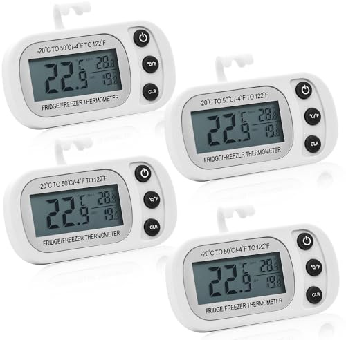 4 PCS Fridge Thermometer, Freezer Thermometer Digital, Fridge Temperature Thermometer with Large LCD Display Min/Max °C/°F Function for Freezer Refrigerator Aquarium