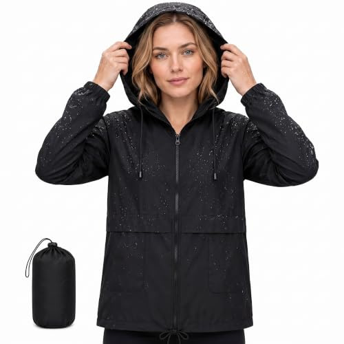 NWDEY Women's Lightweight Waterproof Jacket Ladies Packable Raincoat Hooded Windproof Rain Jacket Coat for Outdoor Travel