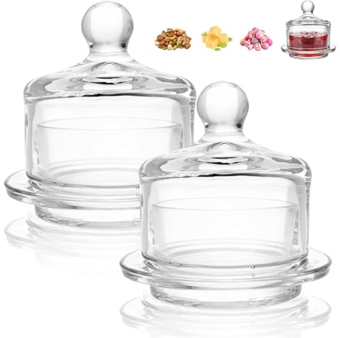 2 Pack Glass Butter Dishes, Small Round Keeper with Dome Lid | Clear Butter Serving Container with Cover, Mini Cloche Holder with Lid, Round Crystal Mini Butter Cloche for Candy, Dessert