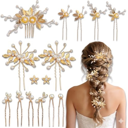 Piacolnic 13 Pièces Épingles à Cheveux, Barrettes à Cheveux pour Mariage Dorées avec Peigne Feuille, Bijoux de Cheveux pour Femme en Alliage pour Mariées et Demoiselles d'Honneur