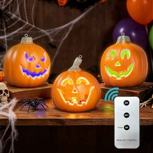 3 Piezas Calabazas Decorativas Halloween, LED Calabaza Decoracion Otoño, 3 Modos De Iluminación, Adornos Halloween Decoracion Exterior Interior, Pumpkin Decoración Halloween, Autumn Decor, Fall Decor | 3 calabazas decorativas para Halloween, con mando a distancia, 3 modos de iluminación, decoración de otoño, lámpara de otoño