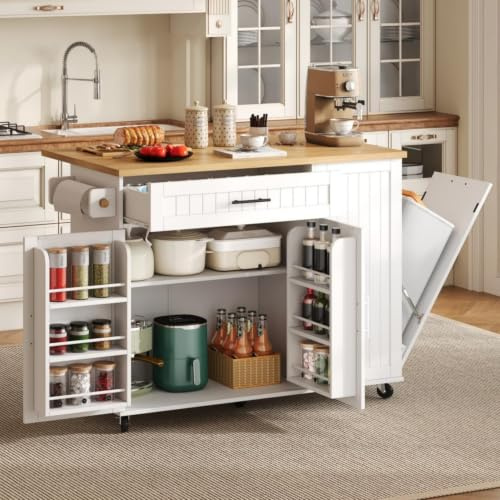 Desserte,Îlot Central Cuisine avec Armoire à Poubelle,Plan Pliable(H-Blanc) | Grand tiroir, 2 Rangements de Porte,Roulettes avec Frein,2 Grands Rangements,pour Cuisine
