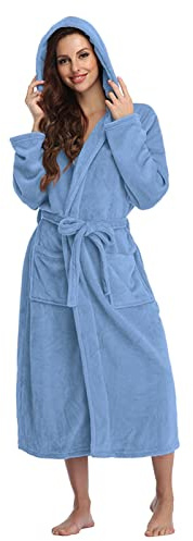Vinterpyjamas dam varm flanell – hemmadräkt dam fleece varm med huva, morgonrock med ficka pyjamas enfärgad morgonrock lös passform resebadrock supermjuk basturock med bälte, blå, M