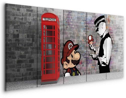 murando - Wandbilder XXL Banksy Mario 200x80 cm 5 tlg Bilder Leinwandbild Leinwand Wand Deko Bilder Wohnzimmer Bild Schlafzimmer Leinwandbilder Wandbild - London Street Art Urban Mural i-C-0104-b-m