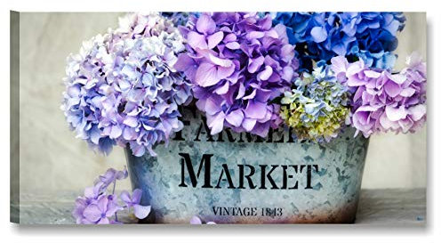 Quadri L&C ITALIA Ortensie Vintage 4 – Quadro Fiori Shabby Provenzale per Soggiorno Cucina Stampa su Tela Canvas Floreale Blu Viola Lilla 90x45 Orizzontale Grande