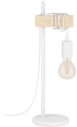 EGLO Tischlampe Townshend 1 flammige Vintage Tischleuchte | im Industrial Design, Retro Lampe, Nachttischlampe aus Stahl und Holz, Farbe: Weiß, braun, Fassung: E27, inkl. Schalter
