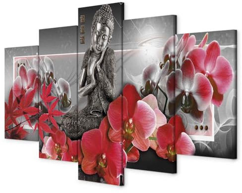 B&D XXL - Wandbilder XXL Buddha 200x100cm 5 tlg - Wand Deko Leinwand Bilder Groß Wanddeko Wohnzimmer Schlafzimmer Kunstdrucke - Statue Feng Shui Blumen Abstrakt p-A-0039-b-m