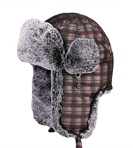 Cozomiz Wintermütze Warme Fliegermütze with Ohrenschützer für Herren Damen Fellmütze Kunstfell Russenmütze Pilotenmütze Hut Trappermütze Uschanka Gingham Lila Medium