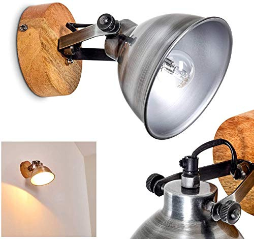Wandleuchte Svanfolk, Wandlampe aus Metall und Holz in Zink/Natur, 1-flammig, mit verstellbarem Strahler, 1 x E14-Fassung, Retro/Vintage Design, ohne Leuchtmittel