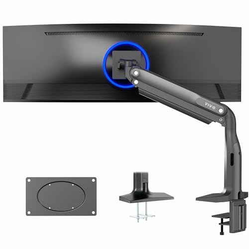 VIVO Soporte de monitor de aluminio ultra ancho, clásico, se adapta a pantallas de computadora de hasta 49 pulgadas, brazo neumático articulado único, abrazadera en C y soporte de escritorio con
