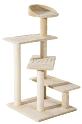 PawHut Trespolo per Gatti Multilivello con Tiragraffi Beige 50x50x100cm | in Sisal, Albero per Gatti con Piattaforme, Cuccia in Peluche