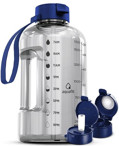 AQUAFIT 2 Litre Water Bottle with Straw - Water Bottles 2L with Time Marker - Half Gallon Big Bottle with Straw - Large Bottle For Gym - Clear, 2 Lids
