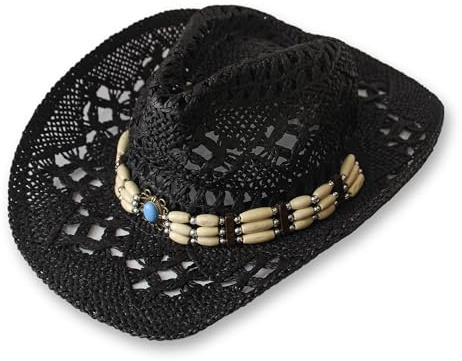 Cowboy/Cowgirl Strohhut Panama mit Western-/Westernband Unisex Einheitsgröße Herren Damen für Sommer Coachella Strand im brasilianischen Landhausstil Bohemian Indiana Natural Bast, XH-12501, One size