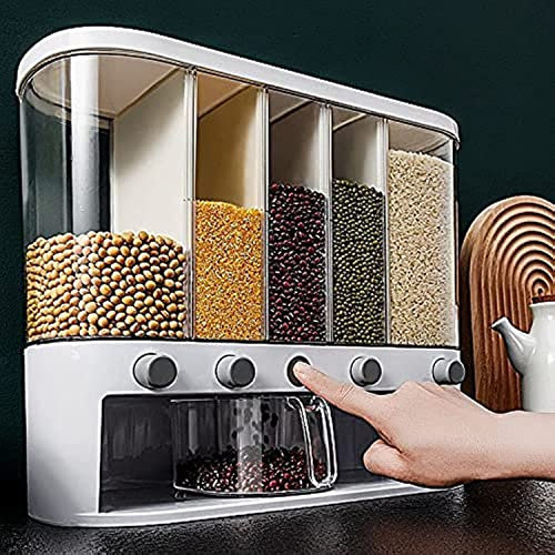 Xilei Dry Food Dispenser,Wall mounted 5 Grid Cereal Dispenser,Rice dispenser 25 pounds Kitchen Storage with Measuring Cup