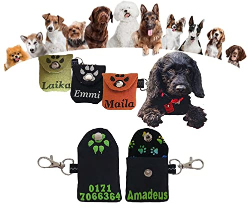 Personalisierte Tasche für Hundemarke – Anhänger & Namensschild aus Wildleder-Imitat – mit Wunschname & Telefonnummer – für das Hundehalsband – Täschchen für Steuermarke