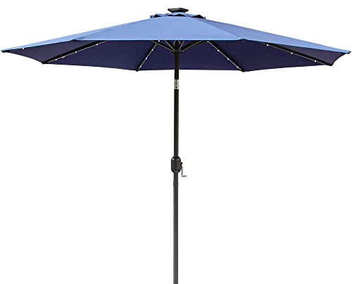Green Bay 2.7M Garden Parasol with Solar LED Lights and Crank Tilt Mechanism Patio Umbrella Outdoor Sun Shade Canopy UV Protection Blue