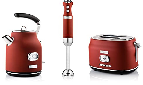 Westinghouse Retroline Frühstück-Set Rot, Toaster, Stabmixer & Wasserkocher, 1.7 Liter und Kalkfilter, Zwei Schlitz Toaster mit Brötchenaufsatz, Stabmixer mit 4 Geschwindigkeitsstufen