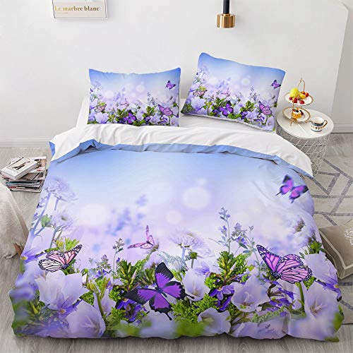 Luowei Juego de ropa de cama con flores de 135x200 cm, 4 piezas, lila, flores y mariposas, vintage, suave microfibra, juego de ropa de cama para cama doble