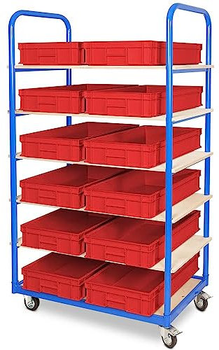 BRB Etagenwagen mit 6 Ebenen, BxTxH 1050x500x1690 mm, bestückt mit 12 Euroboxen BxTxH 600x400x120 mm, 2 Lenk-/2 Bockrollen (rot)