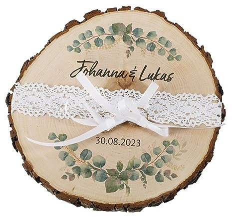 Herz & Heim® Baumscheibe als Ringkissen, mit persönlichen Daten bedruckt, verschiedene Motive (Eukalyptus Kranz)