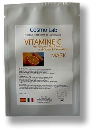 CADEM Mascarilla de tejido facial y cuello Vitamina C - Antifatiga/Iluminador - Bien empapado - Tamaño grande - Fabricación franco-española - Todos los tipos de piel - 25 ml