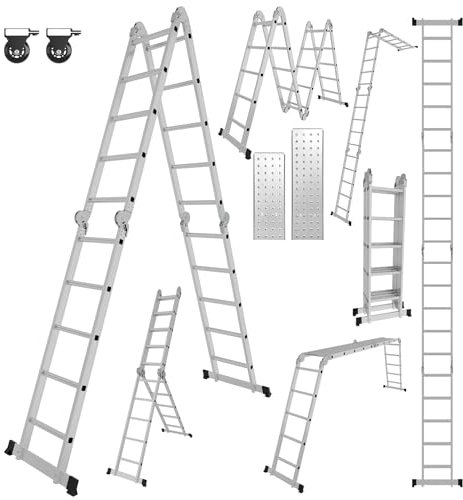Yakimz Scala multiuso 4 x 4 gradini 4,7 m 7 in 1 in alluminio, fino a 150 kg, scala multifunzione con 2 ruote di trasporto e 2 piattaforme, scala pieghevole, scaletta scaletta