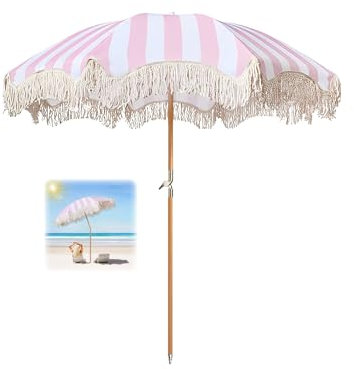 180cm Parasol De Jardin Rose Avec Frange Parasol Balcon Inclinable Parasol Plage Anti Uv Parasol De Marché Anti Vent Parasol Terrasse Avec Sac De Transport Idéal Pour Patio Balcon Piscine/8 Baleines
