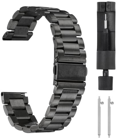 QUARKZMAN Acero Inoxidable Reloj Correas 22 Mm Metal Mariposa Cierre Con Revestimiento Liberación Rápida Acero Sólido Cadena Con Adaptador Para Reloj Inteligente Negro