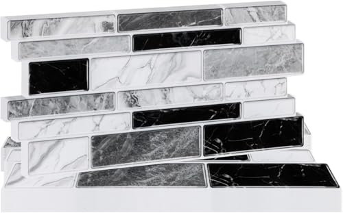 Hode 24 Pieces Marble Self Adhesive Wall Tile Stickers for Bathroom, Black and White Stick on Tiles for Kitchen Walls, Tiles Self Adhesive Peel and Stick 12cmx24cm (Glossy)