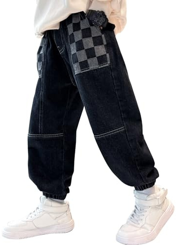MEILONGER Baggy Jeans för barn, med elastisk midja, mode stretch jeans, storlekar 8, 10–12, 14–16, svart, 10-12 år