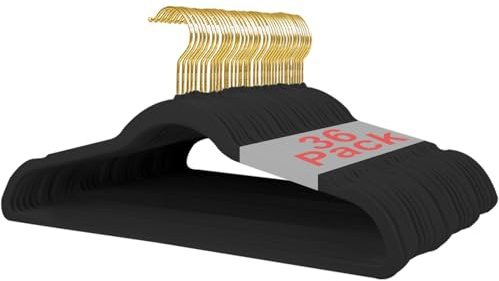 Wellong Kleiderbügel Samt, 45 cm rutschfeste mit Stabile Schulterkerben | Kleiderbügel für Mäntel, Hosen, Silbe, 36 Stück – Schwarz mit Goldene Drehhaken
