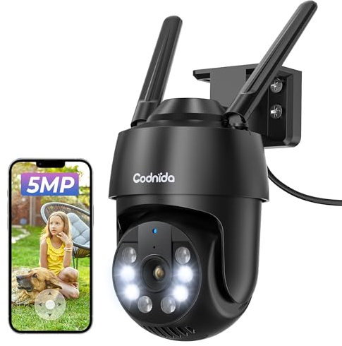 Codnida 5MP Security WiFi Outdoor Camera with 2.4/5Ghz, 360° Pan/Tilt CCTV House Security Camera with Auto Tracking, PIR Human Detection, Color Night Vision, 24/7 Recording, IP66, Works with Alexa