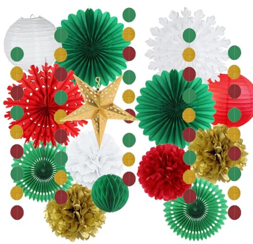 Decorazioni per feste di Natale Ventagli di carta di Natale Pompon di carta rosso verde oro palle a nido d'ape appesi cerchio puntini ghirlanda lanterne a stella di carta dorata per Natale Capodanno