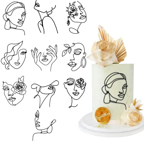 10PCS Acrylic Cake Topper - Cake Toppers, Simple Birthday Cake Decorations Women, Boho Cake Toppers Acrylic Minimalist Art Line Lady Face Cake Decorations, Minimalist Art Birthday Cake Decor