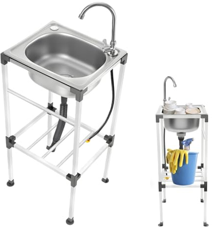 HuKaiL Freistehende Edelstahl Spültisch, Küchenspüle Kühle Spülenschrank mit 360° Wasserhahn und Horizontale Brett, Gewerbliche Spülbecken Komplettspüle mit 60Kg Tragkraft, 38 * 33 * 83cm