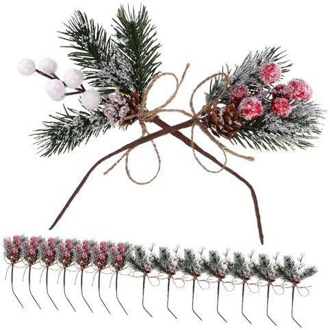 Cabilock 16st Simulation Tannenzapfen-Sticks Weihnachtstannenzapfen Weihnachtliche Tischdekoration Weihnachtsbeeren Stiele Party Fallen Girlande Weihnachtsbaum Picks Herbstdekoration Holz