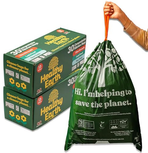 Healthy Earth 13 Gallon Compostable Drawstring Trash Bags, 1.13 Mil Extra Thick Tall Kitchen Liners (49.2 L), Heavy Duty Leak-Proof Food Scrap Bags, BPI & TÜV OK Compost Certified, 60 Count