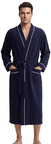 U2SKIIN Herren Bademantel 100% Baumwolle Leicht lang Bademantel Kimono Kragen Weich Hautfreundlich Spa Robe (Marineblau, 2XL/3XL)