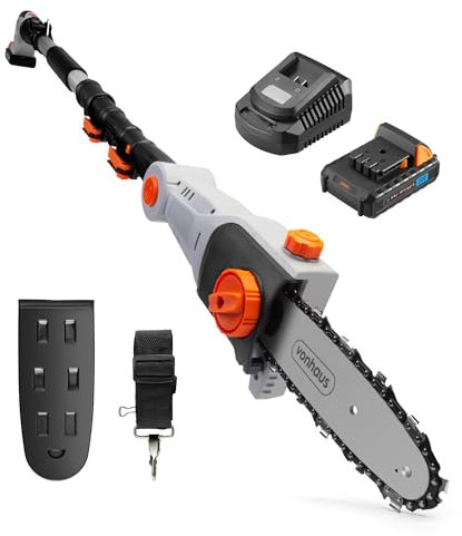 VonHaus Pole Chainsaw Cordless – Long Reach Telescopic Extendable Cutter for Trees, Logs, Branches, Hedges – 20V Battery, Charger, Shoulder Strap, 180mm Cutting Width, 8 Inch Saw Length