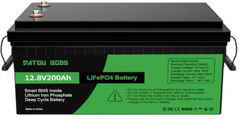 DATOUBOSS Batería LiFePO4 de 12 V 200 Ah, 200 A BMS, 4500-15000 ciclos de batería de litio de ciclo profundo, Max 2560 W de potencia en serie/conexión paralela, utilizada para caravanas, sistema solar