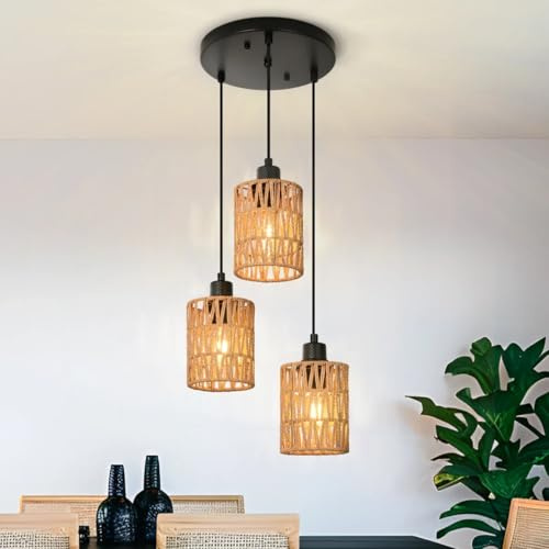 JOYINLED Rattan Pendelleuchte, 3-flammig, Braun, Industriedesign, Gewebter Korbleuchter, Deckenlampe für Esszimmer, Küche, Flur(keine Glühbirne)