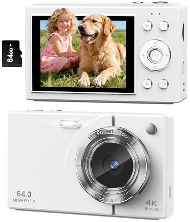 Appareil photo numérique 4K pour enfants, adolescents, débutants, 64 MP avec carte SD de 64 Go, caméra de vlogging de voyage compacte et légère avec zoom 16x et fonction webcam, blanc